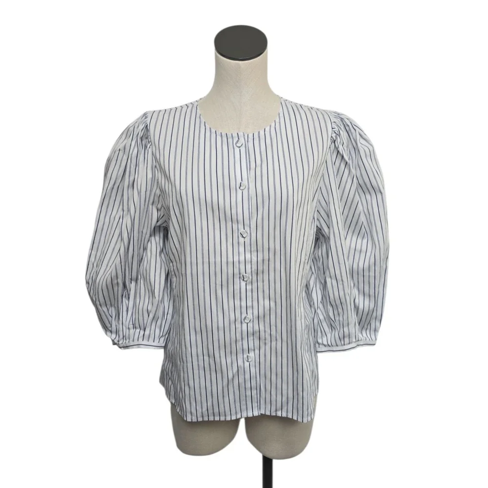 NWT Madewell Puff-Sleeve Button Up Stripe Size 12 NT779 Preppy Office‎ Coastal